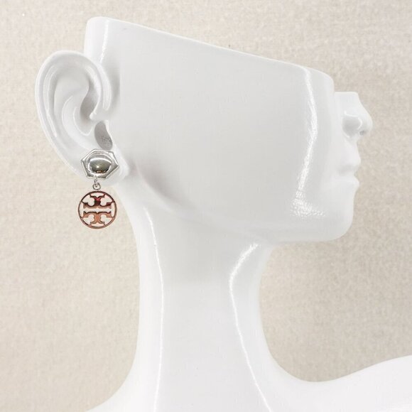 Tory Burch Hexagon Circle Logo Drop Earrings Silver OS - Picture 5 of 12